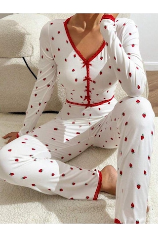 Mh Moony Homewears Liverpool Çilekli Crop Uzun Kol Üst Uzun Alt Yumuşacık Pijama Kırmızı