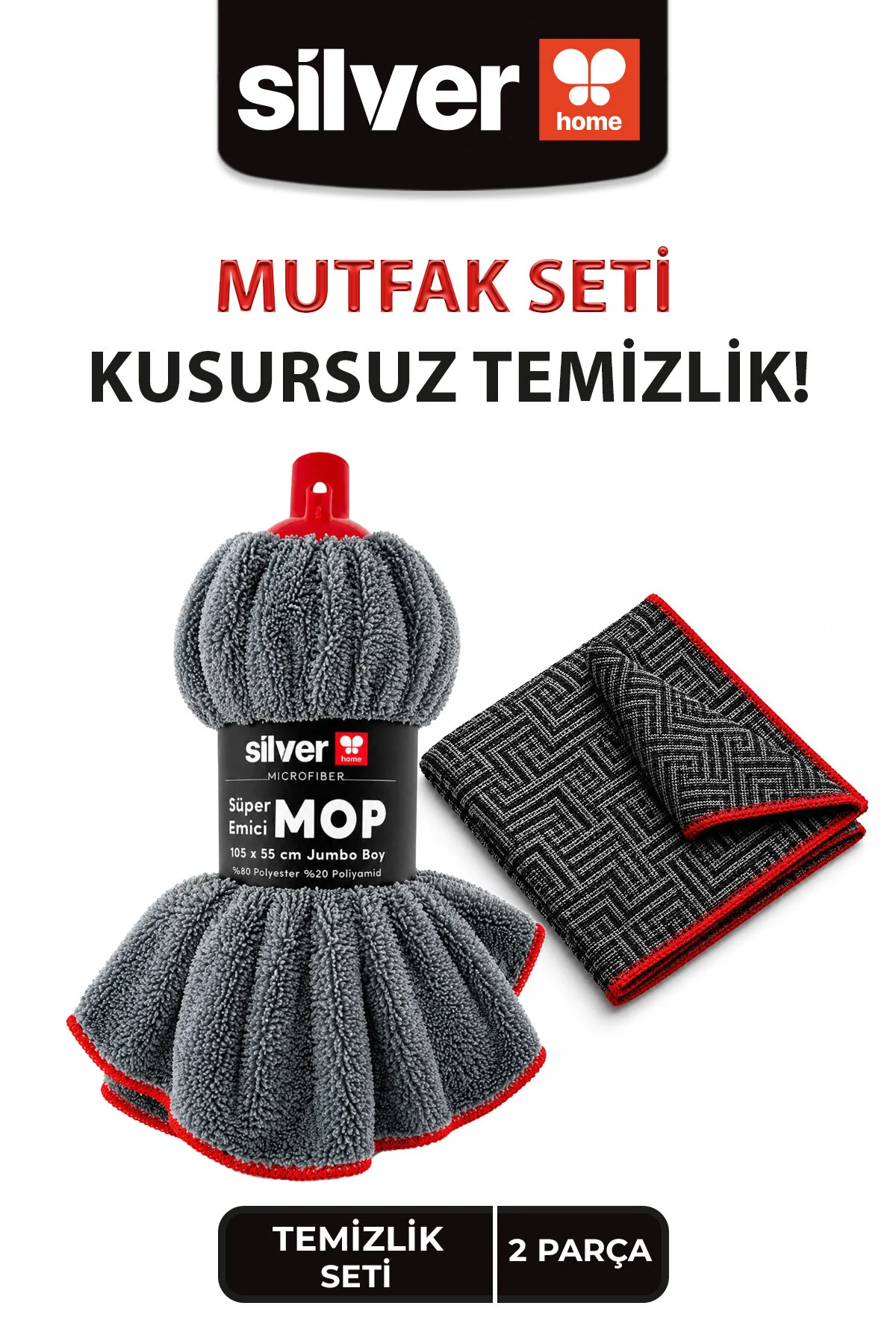 Mikrofiber Mop Başlığı Ve Mutfak Bezi Seti Antrasit Profesyonel Jumbo Boy Gri