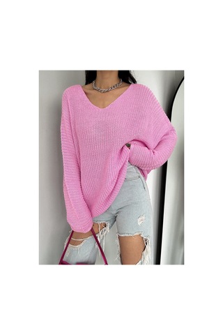 Fiolin Kadın Pembe V Yaka Selanik Örgü Oversize Triko Kazak