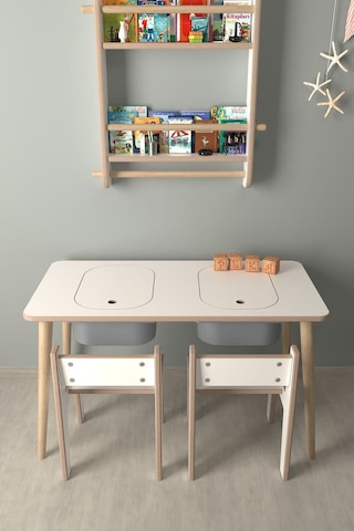 Çocuk Oyun Ve Aktivite Masası - 2 Sandalye - Gri Sepetli Beyaz-gri Beyaz - Gri