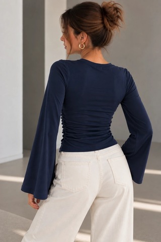 Bb Butik Basic Yan Büzgülü İspanyol Kol Basic Kadın Bluz My3535 Lacivert