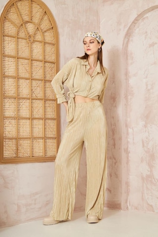 Kadın Pliseli Beli Lastikli Pantolon Tunik Gömlek Ikili Bürümcük Salaş Takım 3573300 Sarı