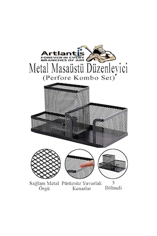 Masaüstü Metal Kalemlik Seti 3 Lü Kombo 1 Paket Fileli Perfore Siyah Kalemlik Ataşlık Kağıtlık Küpnotluk Düzenleyici Siyah