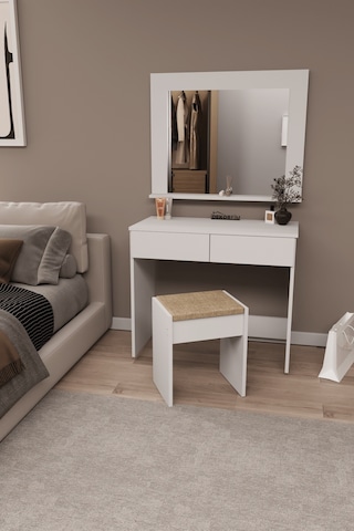 Df02109b Aynalı Puflu Beyaz Makyaj Masası Beyaz