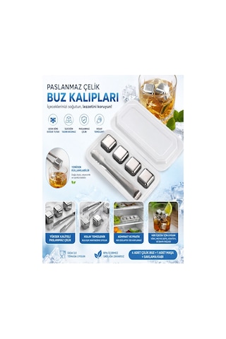 4 Adet Paslanmaz Çelik Buz Kalıbı Viski Soğutma Taşı Maşalı Yeniden Kullanılabilir Buz Viski Taşı Gümüş