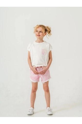 Kız Çocuk Batik Desenli Şortlu Takım-15885 Ekru