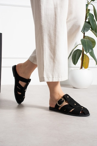 Shoetek Olwa Kadın Pimli Terlik Bantlı Tokalı Siyah Süet