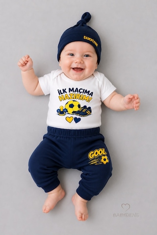 Babyden's Bebek 3'lü Takım Sarı Lacivert Taraftar Temalı Kısa Kol %100 Pamuk Yenidoğan Seti İlk Maçıma Hazırım