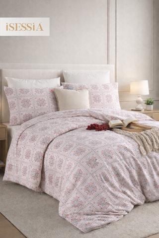 Mira Çift Kişilik Lastikli Çarşaflı Nevresim Takımı Pembe - Çiçek - Motif