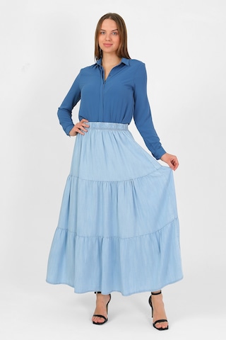 Beli Lastikli Büzgülü Tensel Etek Açık Mavi