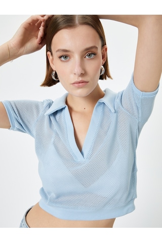 Koton Crop File Tişört Polo Yaka Kısa Kollu Mavi 4sak50489ek Mavi