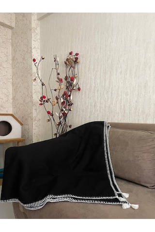 Püsküllü Çoban Dikişli Tek Kişilik Polar Battaniye 150x180 Cm Siyah