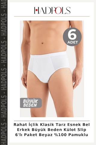 Hadpols Rahat İçlik Klasik Tarz Esnek Bel Erkek Büyük Beden Külot Slip 6'lı Paket Beyaz %100 Pamuklu