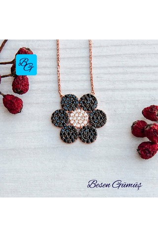 Oniks Zirkon Taşlı Rose Çiçek Kolye Rose - Gold - Gümüş