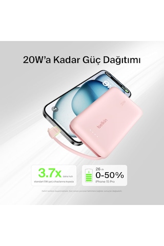 Belkin Boostcharge Powerbank, Type-c Kablolu 10k Pd 20w, Pembe
