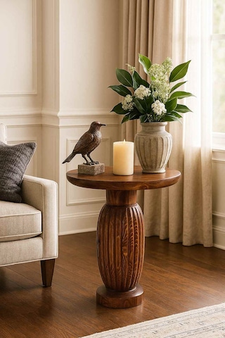 Doğal Masif Ahşap Tekli Yan Sehpa Meşe Renk Modern Mantar Sehpa Meşe