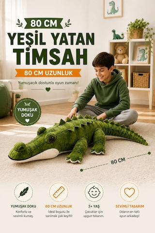 80 Cm Peluş Timsah Yumuşak Oyuncak Uyku Arkadaşı Sevimli Peluş Timsah Yeşil