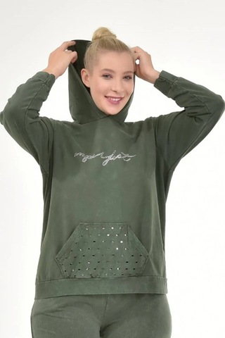 Kadın Büyük Beden İtalyan Yıkama Haki Kapşonlu Sweatshirt Haki