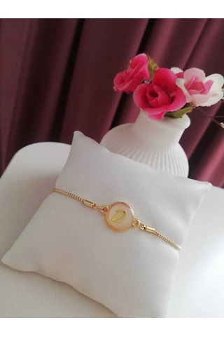 Altın Sedef Ayarlanabilir Kadın Gold Asansörlü D Harf Bileklik Renkli