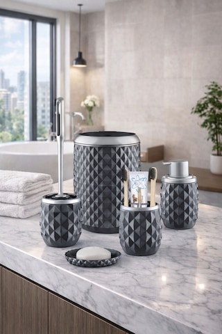 Decorev Geometrik Desenli Gri Banyo Aksesuar Seti – 5 Parça