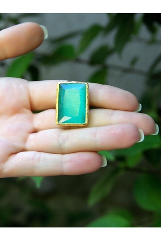 Kedi Gözü Cam Kadın Ayarlanabilir Altın Kaplama Yüzük Açık Yeşil Euy69ay Yeşil