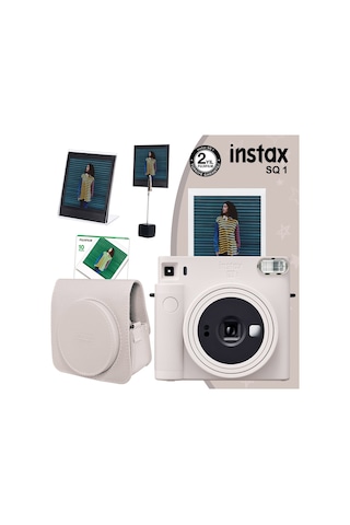 Fujifilm Instax Sq1 Fotoğraf Makinesi + 10'lu Kare Film + Deri Kılıf + Pleksi Çerçeve + Kıskaçlı Stand Beyaz