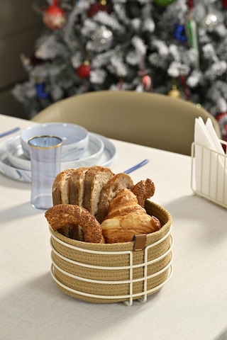 Bej Yuvarlak Ekmek Sepeti Şık,ekmeklik Kahve Hasır Örmeli Makrome-çok Amaçlı Metal Paslanmaz Beyaz