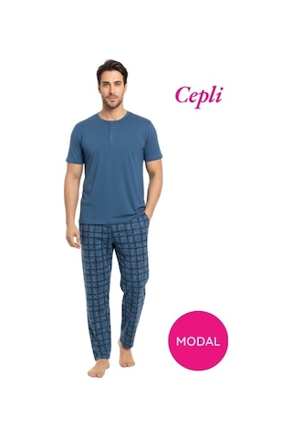 Guava Erkek Modal 3 Düğmeli Ekose Desen Pamuk Likra Kısa Kol Cepli Pijama Takımı İndigo