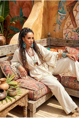 Kalın Denizci Halat Kemerli Ponponlu Geniş İspanyol Flair Kol Doğal Keten Bohem Kaftan Kimono Ekru