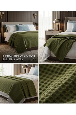 Premium %100 Pamuklu Müslin Waffle Pike - 160x235 Cm Ekstra Geniş Ve Uzun - Ultra Yumuşak Petek Dokulu Yatak Örtüsü Haki