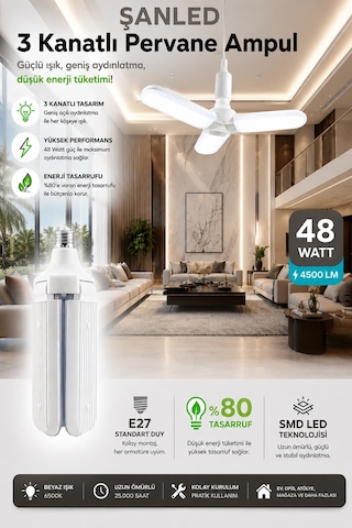 3 Kanatlı Pervane 48w Ampul Beyaz Işık- 4 Adettir 4 Adet