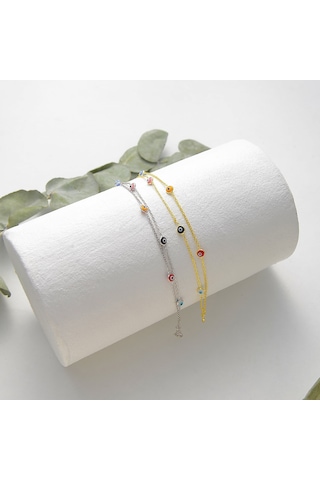 925 Ayar Gümüş 2 Sıra Zincirli Karışık Renk Göz Bileklik Altın