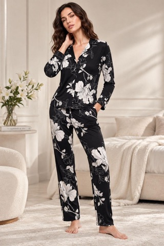 Gd Goldoremi 30163 Kadın Premium Uzun Kollu Önden Düğmeli Pijama Takım Siyah