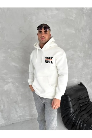 Defymoda Oversize Üç İplik Kapüşonlu Sweatshirt - Beyaz Beyaz