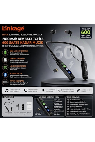 Ayrex Linkage Lkb-39 Boyun Askılı Bluetooth 5.4 Kulaklık 2800 Mah Dev Batarya İle 600 Saat Müzik, Sd Kart Okuyucul