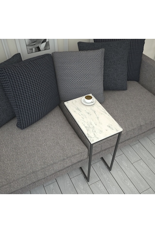 Callen Beyaz Mermer Yan Sehpa & Tekerlekli Servis Sehpası Metal