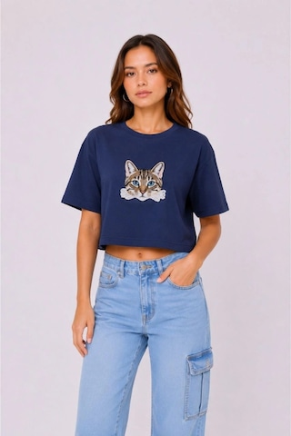 Wear Vexel Kadın Kedi Baskılı Oversize Crop Tişört Salaş Basic Yarım Kol T-shirt - Lacivert Çok Renkli