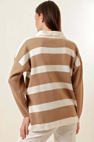 Gabria Fermuarlı Çizgili Kazak Kahve