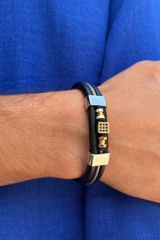 Zirkon Taşlı El İşçiliği İle Üretilmiş Hakiki Deri Erkek Bileklik Siyah - Altın