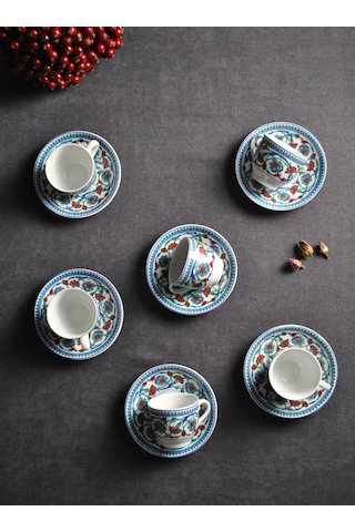 6 Kişilik Porselen Çini Motifli Kahve Fincanı Takımı Otantik Kahv