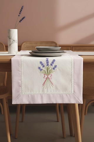 Lavanta İşlemeli Buldan Kumaş Runner 50x130 Cm Krem