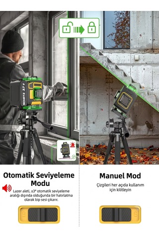 Schatz 360 3.7v Çift Akülü 12 Köşe Otomatik Hizalamalı Kumandalı Yeşil Çizgili Lazer Hizalama Makinesi Sarı