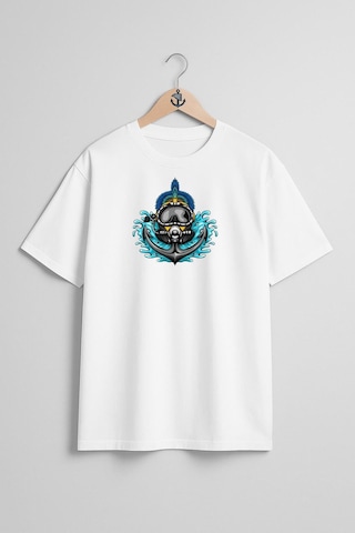 Oversize Çapa Ve Dalış Başlığı Göğüs Tasarımlı Unisex T-shirt Beyaz