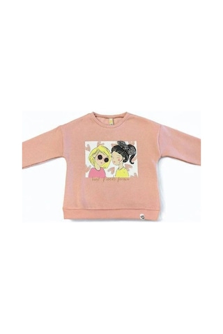 Kız Çocuk Kalın Kız Baskılı İçi Şardonlu Sweatshirt-14345 Pudra