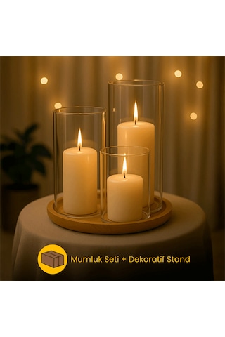 Dekoratif 4'lü Set, Bambu Sunumluk Ve 3'lü Mumluk Seti, Isıya Dayanıklı Borosilikat Cam Mumluklar Ahşap