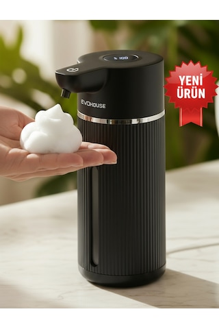 Evo House Otomatik Sensörlü Köpük Sıvı Sabunluk - Şarjlı- Dijital Led Ekran - Duvara Monte - E15 Model Siyah