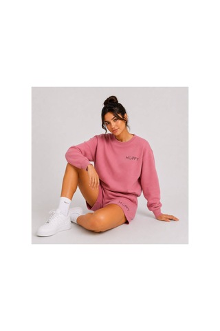 Herkesemoda Hüppy Baskılı Kadın Oversize Şortlu Sweatshirt Eşofman Takımı Gül Kurusu