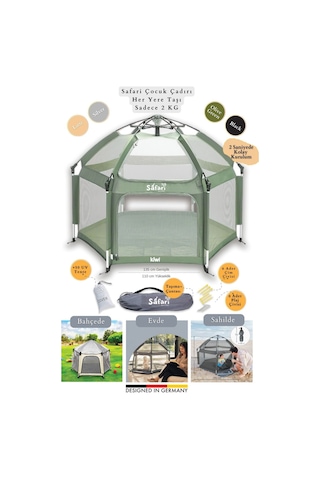 Kiwi Safari Çocuk-bebek Oyun Parkı Çadırı +50 Uv Korumalı,kolay Kurulum,alüminyum Sağlam Gövde - Yeşil