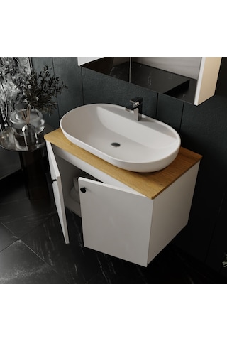 Karen Banyo Mimoza 80 Cm Tezgahlı, Aynalı Banyo Dolabı Seti, Seramik Lavabo Dahil, Beyaz, Mdf Beyaz