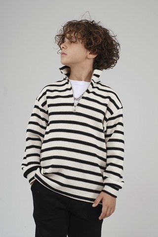 King-Brich Kingbrich Kids Oversize Kalıp Çizgili Yakası Fermuarlı Sweatshirt SIYAH